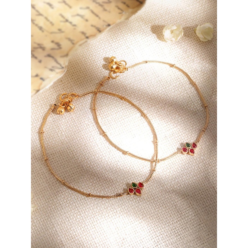 Rubans Set of 2 22K Gold-Plated Red & Green Kundan Studded Anklets with Gold Beads
