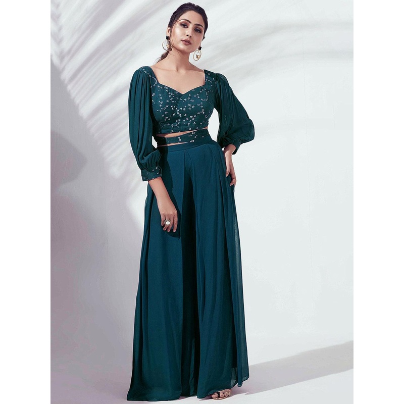 SANCIA Women Ethnic Motifs Embroidered Regular Sequinned Top with Palazzos