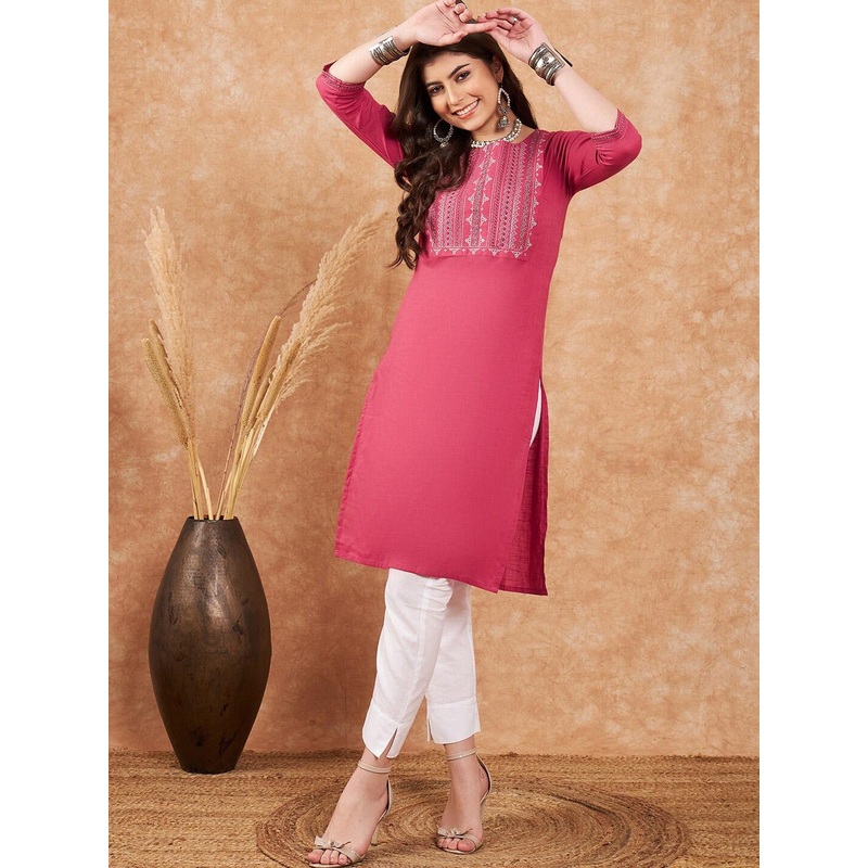Sangria Yoke Embroidered Pure Cotton Straight Kurta