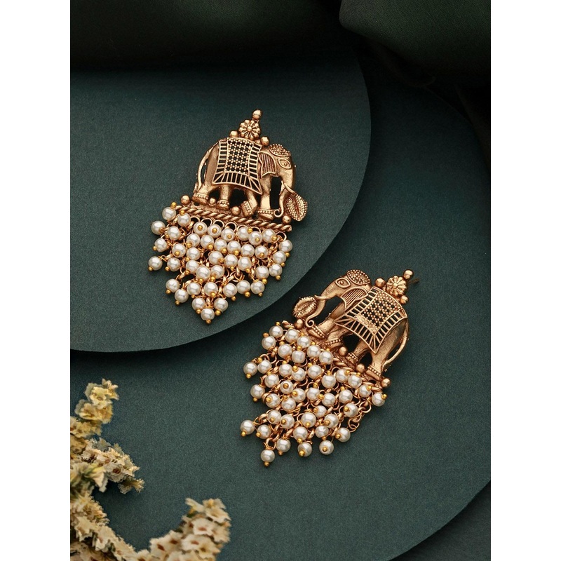 Saraf RS Jewellery Gold-Plated AD Stone Studded Contemporary Brass Drop Earrings