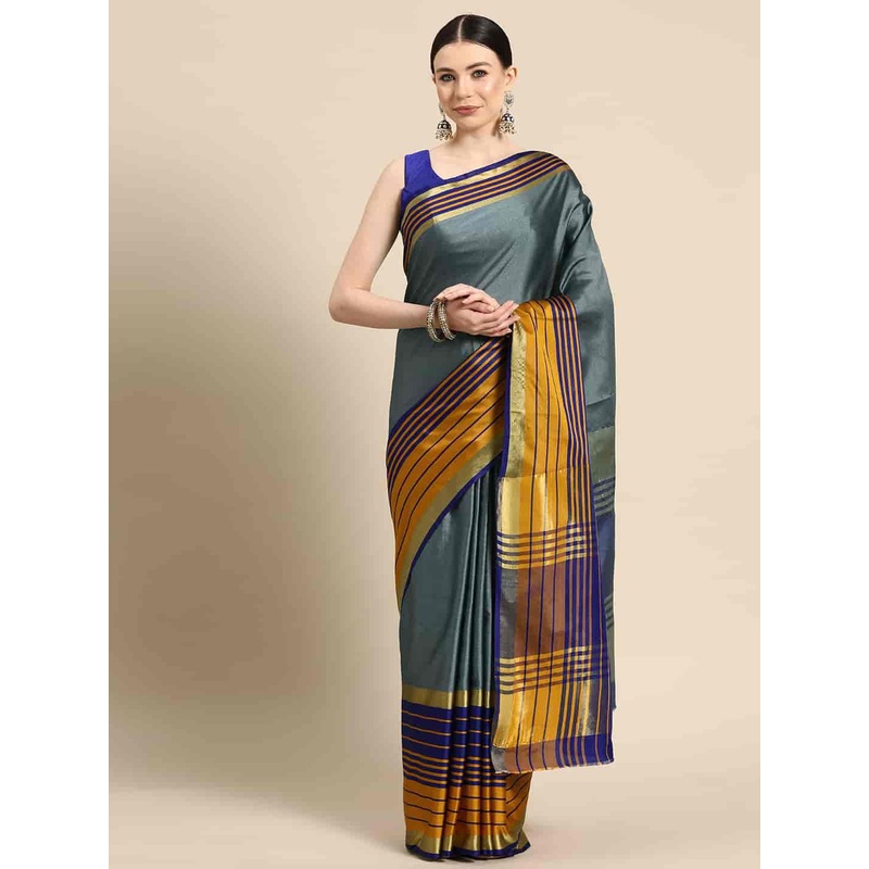 Silk Land Checked Silk Blend Handloom Banarasi Saree With Blouse Piece