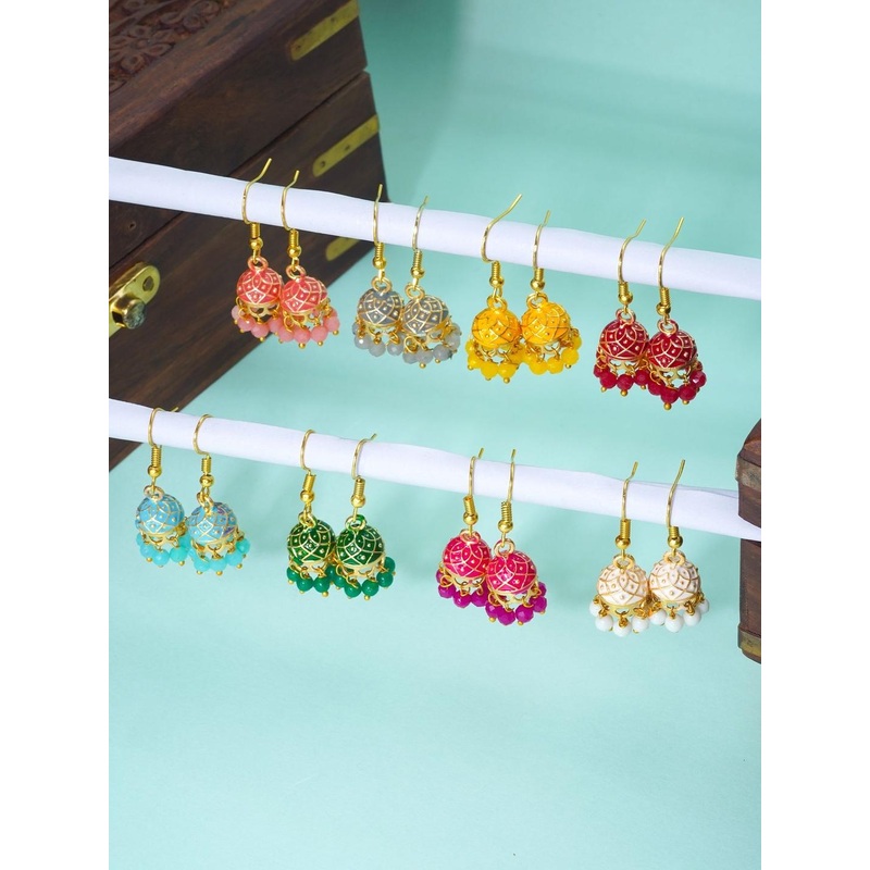 Vesara Set Of 8 Pearls Beaded Dome Shaped Meenakari Jhumka Earrings