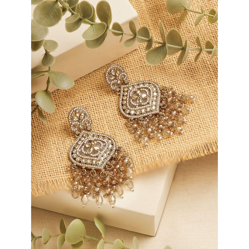 Zaveri Gold-Plated Artificial Stones Studded and Pearls Beaded Contemporary Drop Earrings
