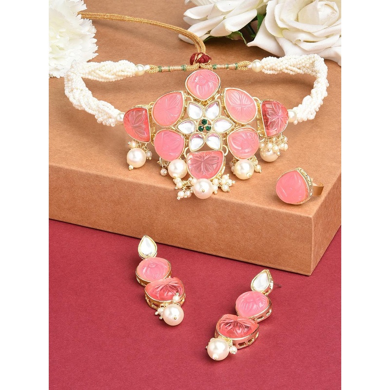 Zaveri Pearls Gold-Plated Pink & White Kundan-Studded Jewellery Set