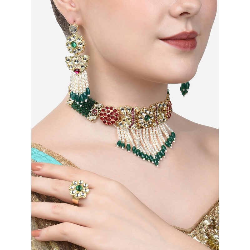 Zaveri Pearls Gold-Plated White & Green Beaded Jewellery Set