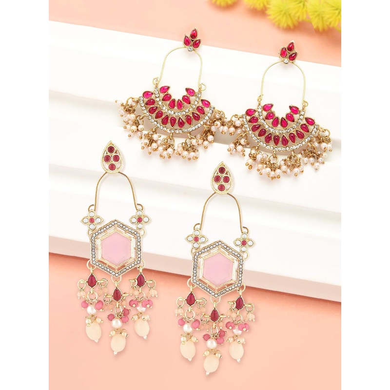Zaveri Pearls Set Of 2 Gold-Plated Stones Studded & Beaded Contemporary Drop Earrings
