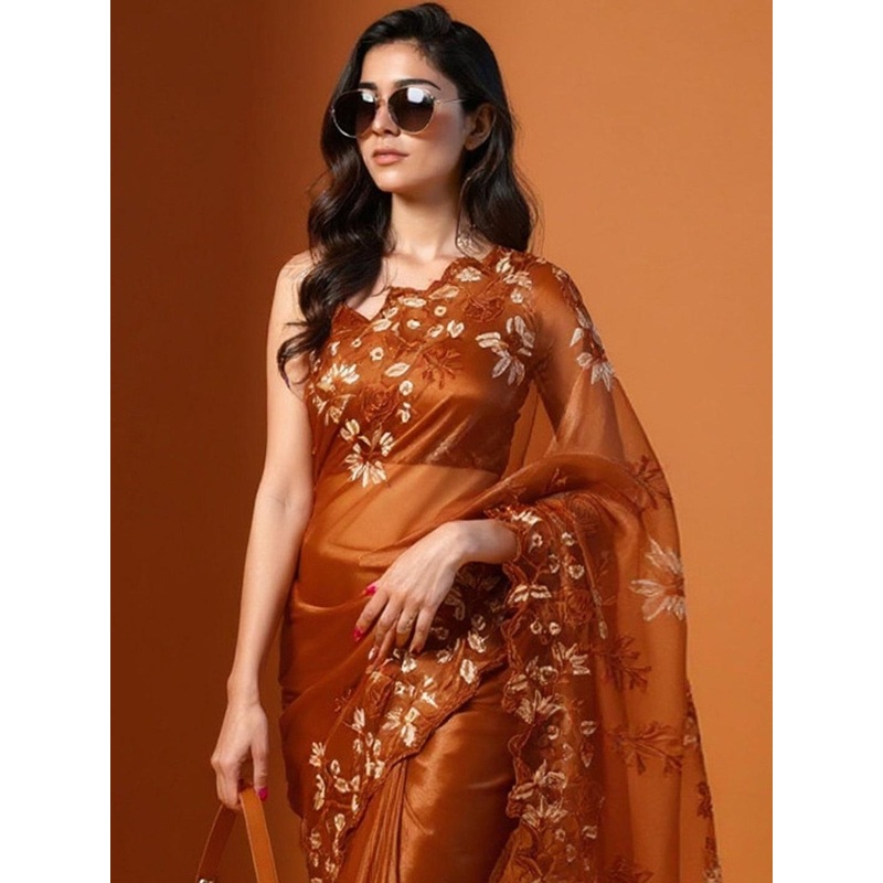 Anouk Rustic Floral Embroidered Organza Saree With Blouse Piece