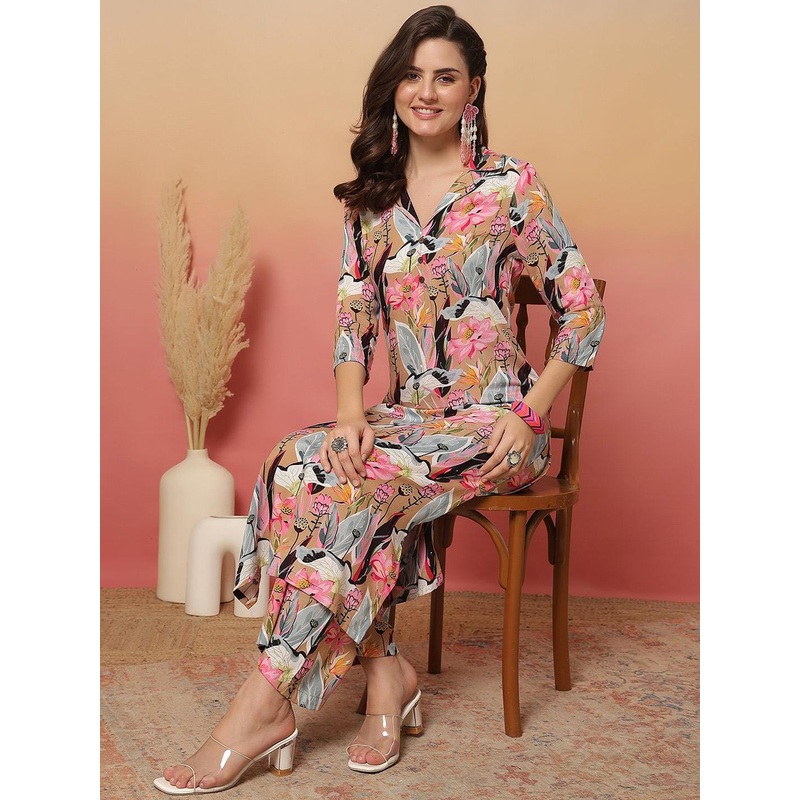 Anouk Rustic Floral Printed Shirt Collar Straight Kurta With Palazzos