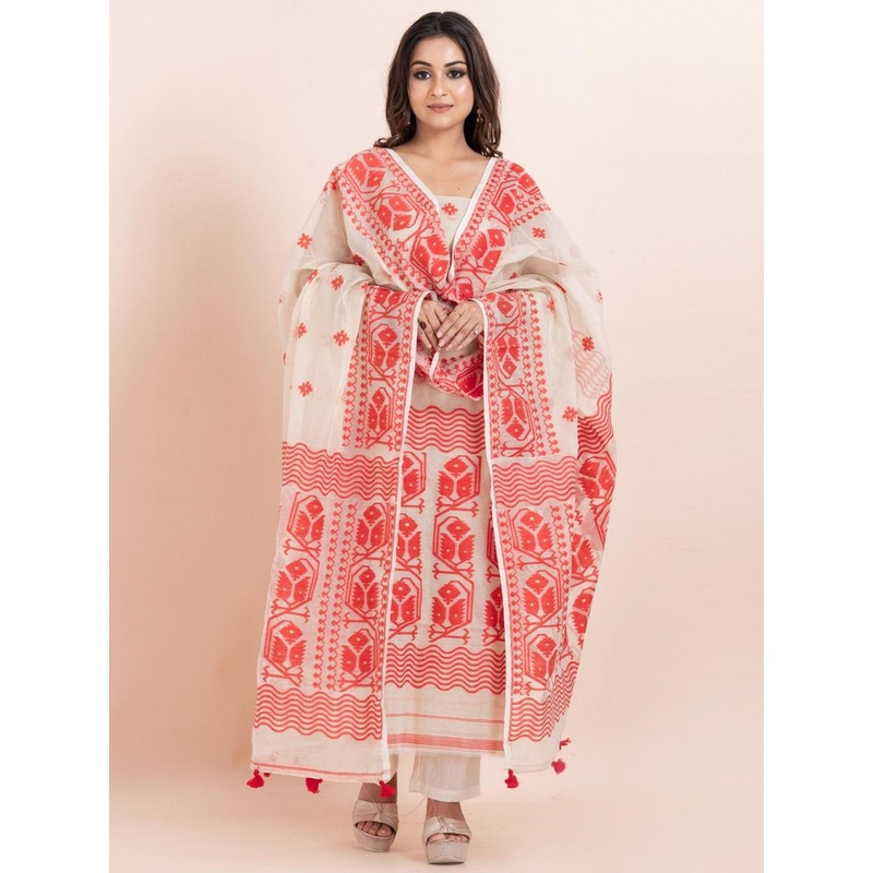 Durga Handlooms Jamdani Woven Design Zari Pure Cotton Unstitched Kurti Material with Dupatta