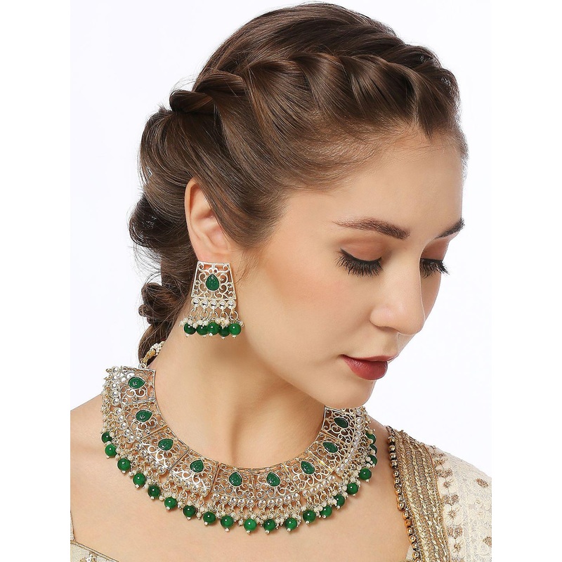 fabula Engraved Jaipur Kundan Stone-Studded & Beaded Choker Jewellery Set