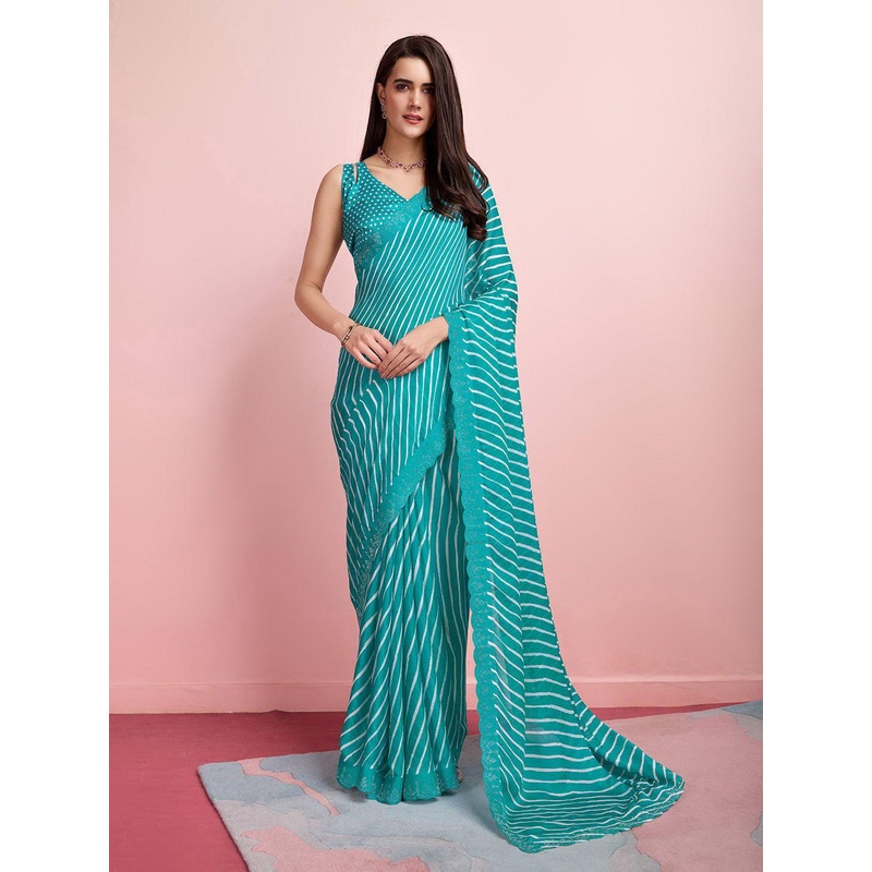HERE&NOW Striped Beads and Stones Pure Chiffon Saree