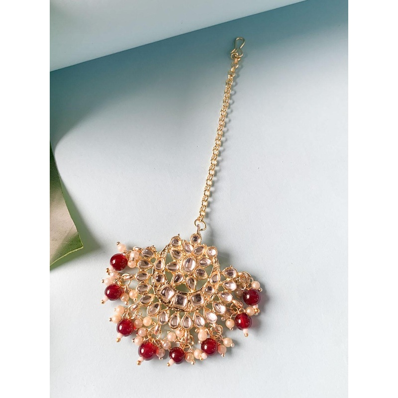 I Jewels Gold-Plated & Maroon Kundan & Pearl Studded Handcrafted Maang Tika