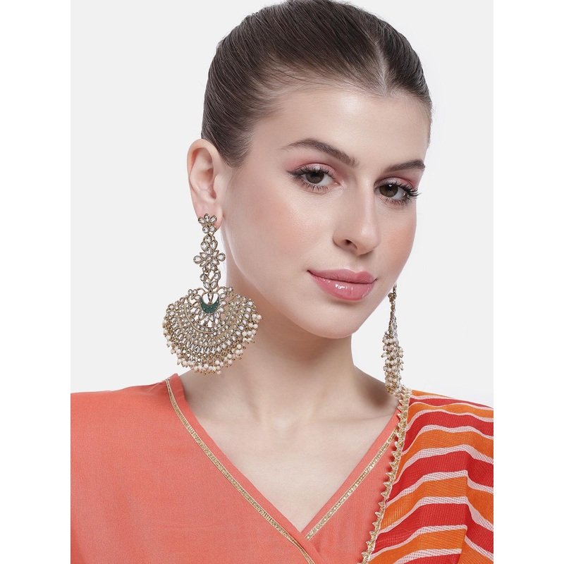 Peora Women Gold-Plated Kundan Studded & Beaded Crescent Shaped Chandbalis Earrings