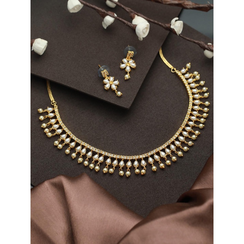 Priyaasi Gold-Plated White Pearl AD-Studded Jewellery Set