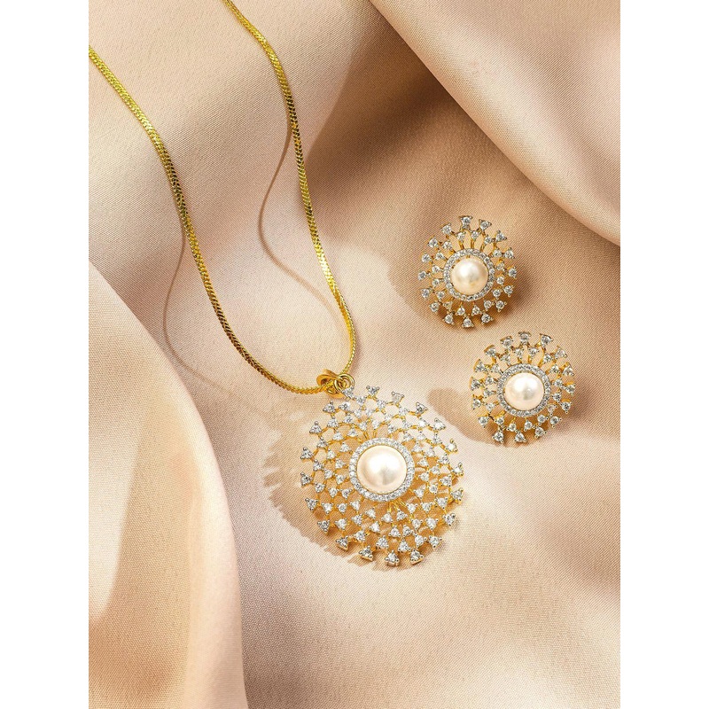 Rubans 18K Gold-Plated Pearl & White Cubic Zirconia Studded Sunburst Pendant Necklace Set
