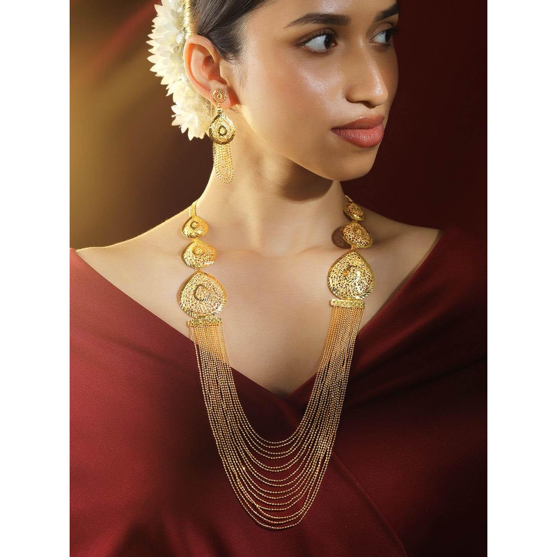 Rubans 18K Gold-Plated Textured Disc & Multi-Layer Beaded Statement Necklace Set