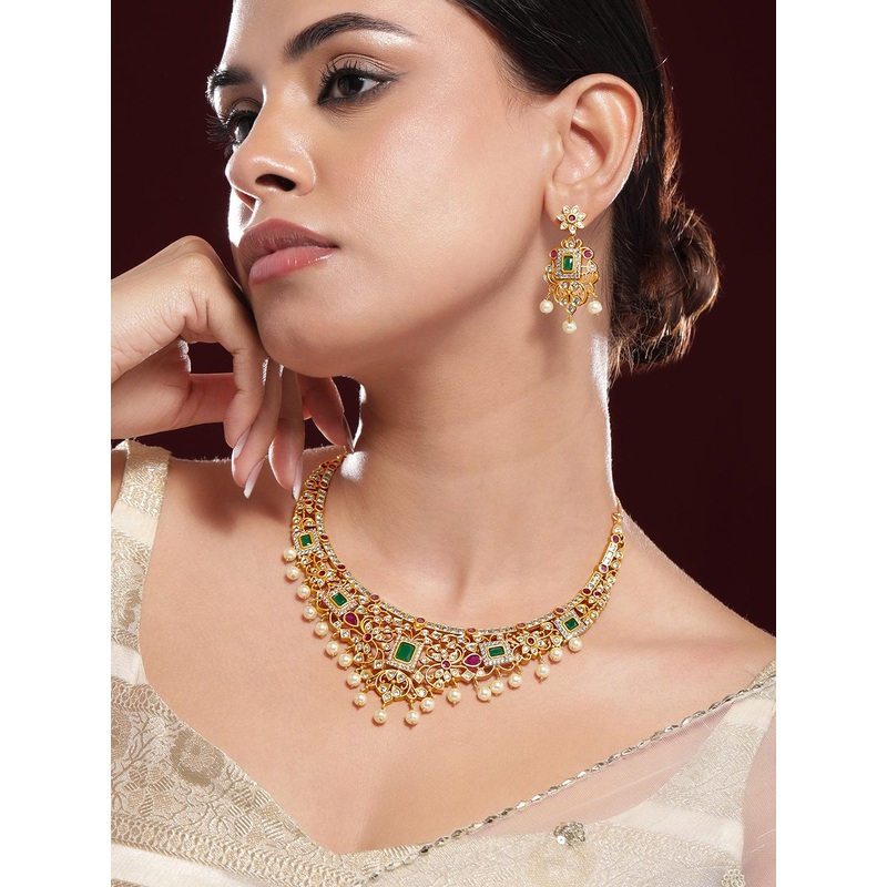 Rubans 22K Gold Plated Ruby & Emerald Kundan CZ Studded with Gold Beaded Jewellery Set