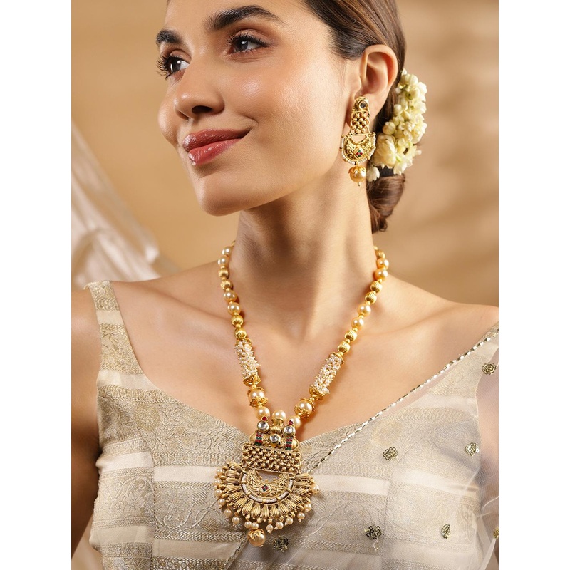 Rubans 22K Gold-Plated White, Red & Green Stone & Pearl Beaded Handcrafted Jewellery Set