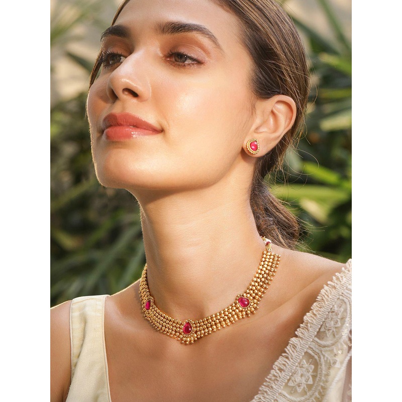 Rubans 22KT Gold Plated Ruby Stone Studded Golden Beaded Traditional Brass Jewellery Set