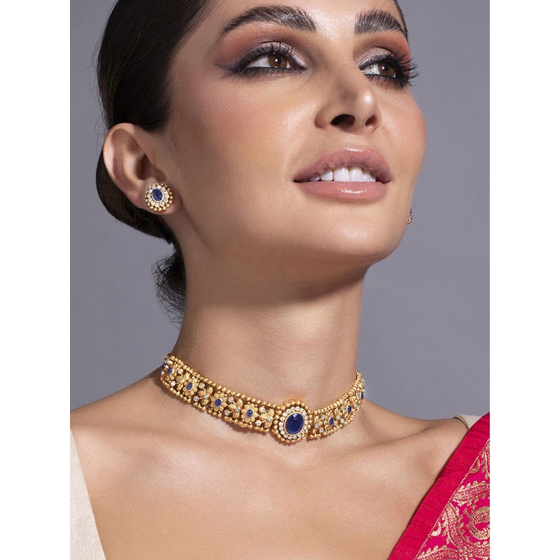 Rubans 24K Gold Plated Handcrafted Blue Sapphire & White Cubic Zirconia Studded Choker Set
