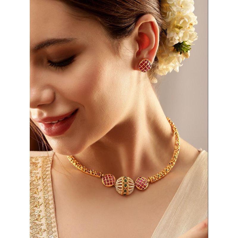 Rubans 24K Gold Plated Ruby & Emerald CZ Studded Handcrafted Traditional Jewellery  Set