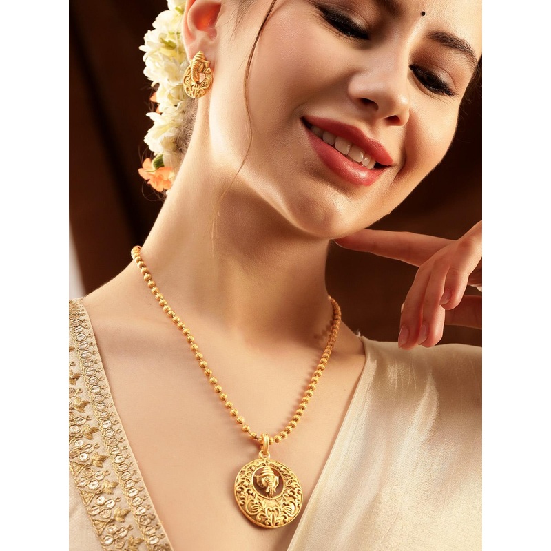 Rubans Divine 22K Gold Plated Ganesh Motif with Golden Beaded Temple Pendent Jewellery Set