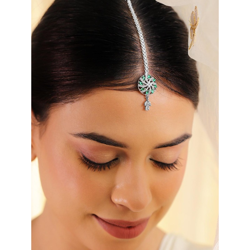 Rubans Rhodium-Plated Emeraldr & White CZ Studded Floral Handcrafted Maang Tikka