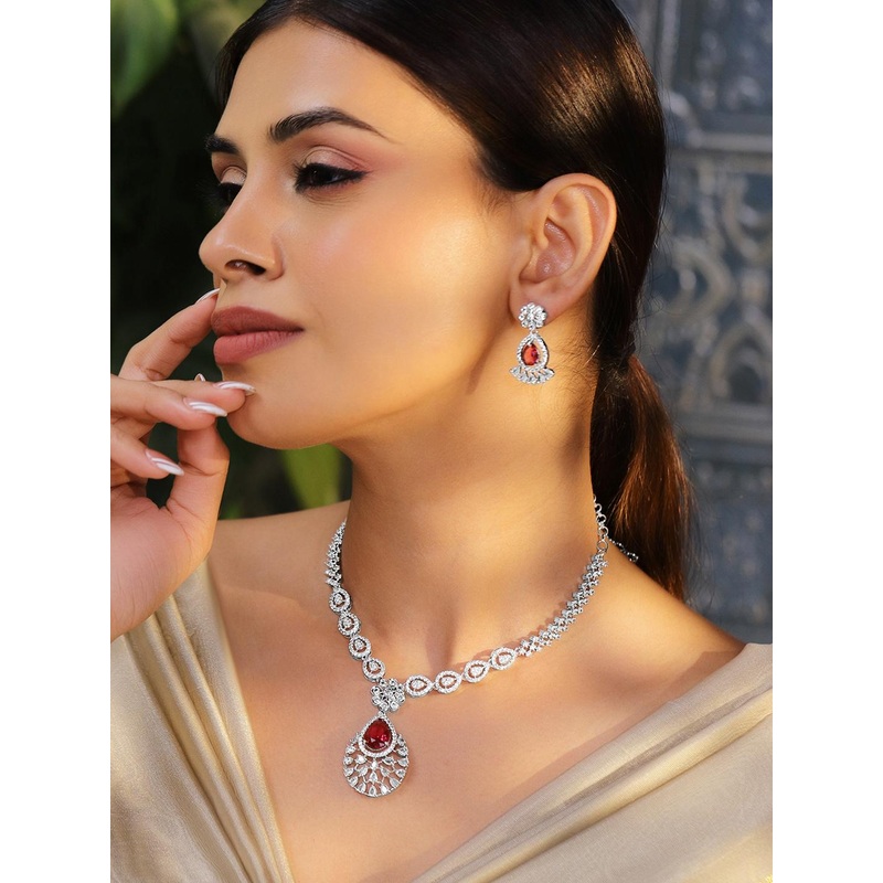 Rubans Rhodium-Plated Ruby Red AD & Cubic Zirconia Studded Necklace Set