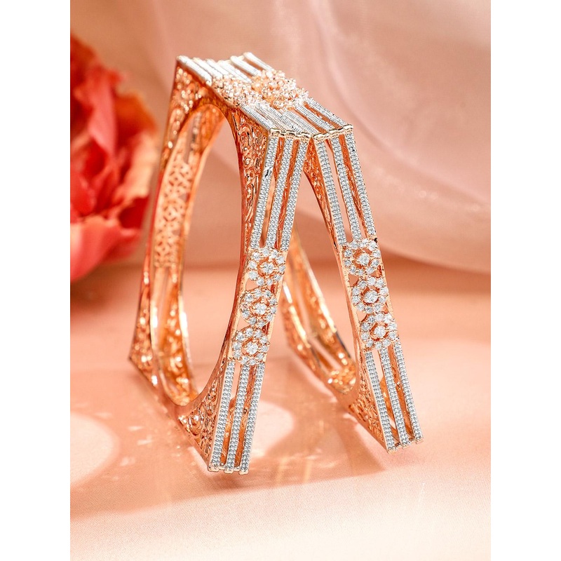 Rubans Set Of 2 Rose Gold Plated Cubic Zirconia Stone Studded Bangle