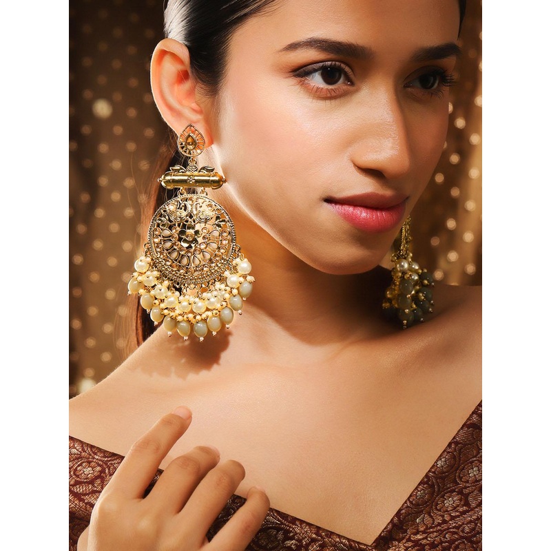 Rubans Traditional 22K Gold Plated Pearl and Grey Studded & Beaded Big Chandbali Earrings