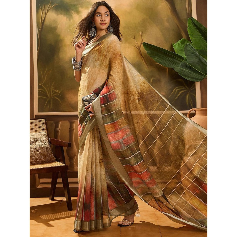 Sangria Artistic Printed Banarasi Saree With Blouse Piece