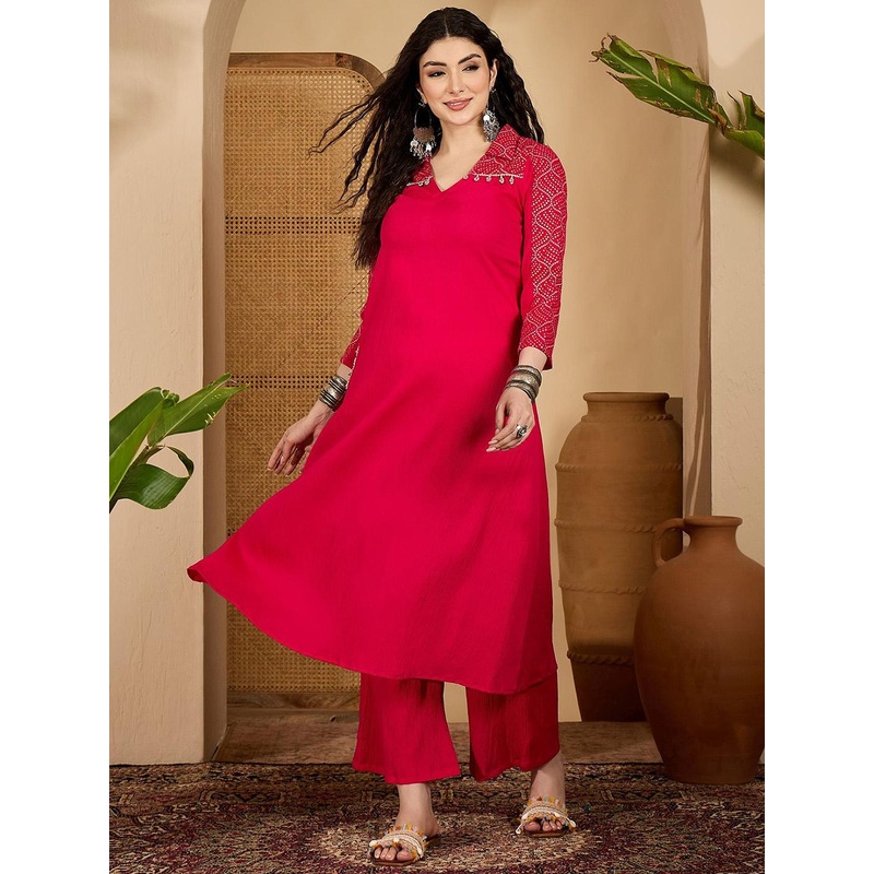 Sangria Bandhani Printed Shirt Collar Beads And Stones A-Line Kurta & Trouser