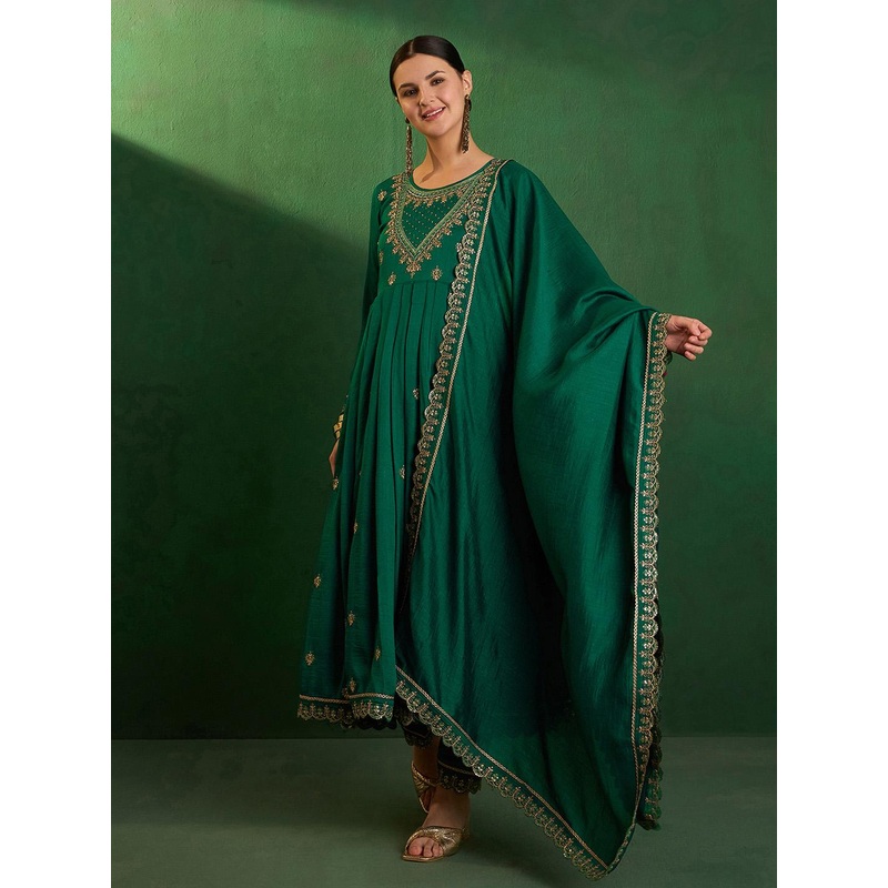 Sangria Zari & Sequence Embroidered Round Neck Anarkali Kurta With Trousers & Dupatta