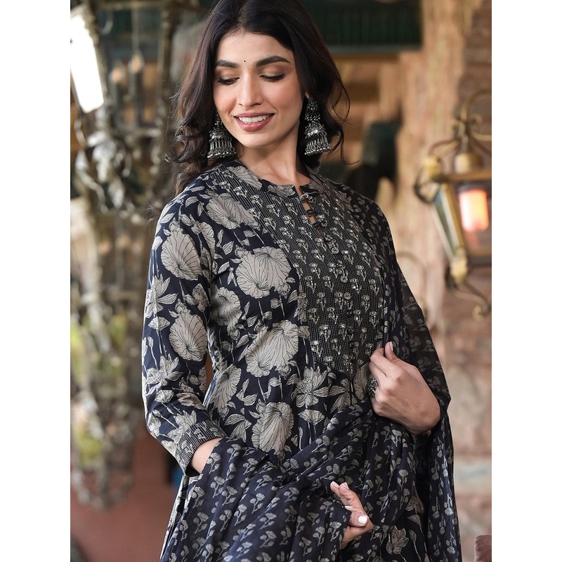 Varanga Black Floral Printed Pure Cotton Anarkali Kurta With Trousers & Dupatta