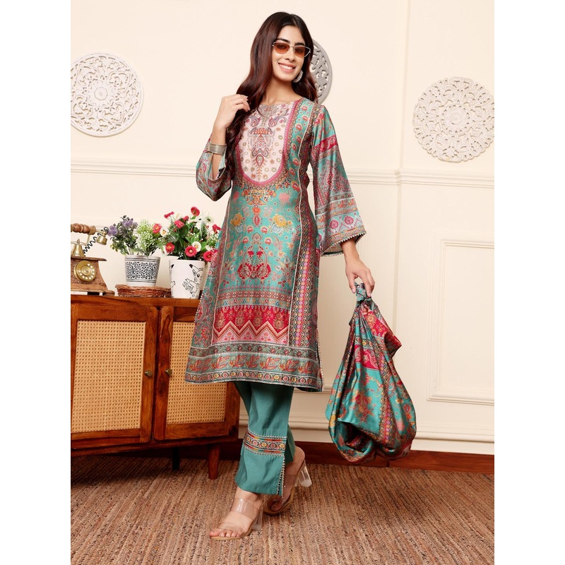 Varanga Ethnic Motifs Printed Chanderi Silk Tunic With Trousers