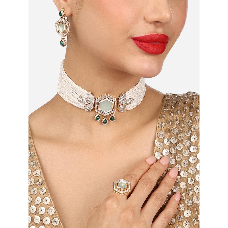 Zaveri Pearls Gold-Plated Austrian Diamond Necklace and Earrings