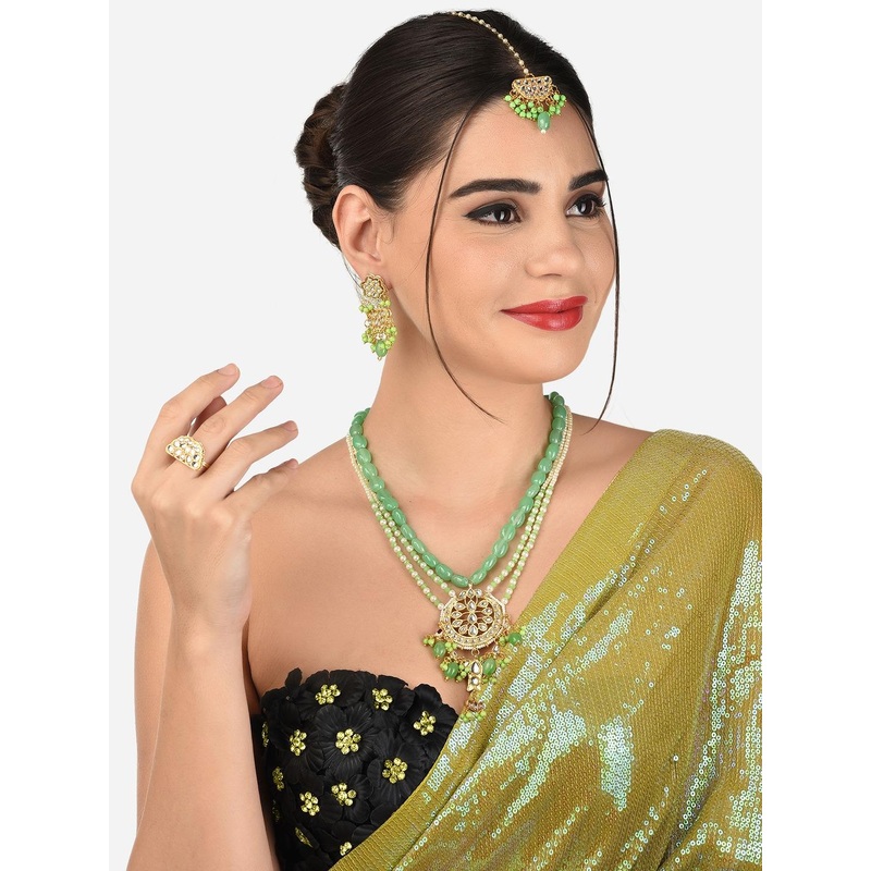 Zaveri Pearls Gold- Plated Green Stone Studded &Beaded Jewellery Set