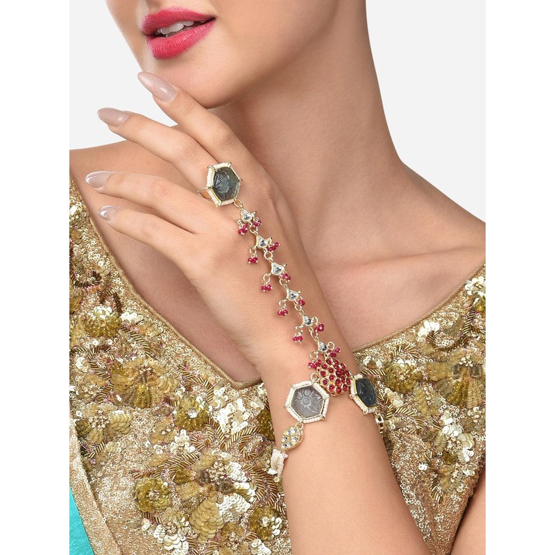 Zaveri Pearls Women Gold Toned & Grey Kundan & Pearls Elegant Ethnic Hand Ring Bracelet
