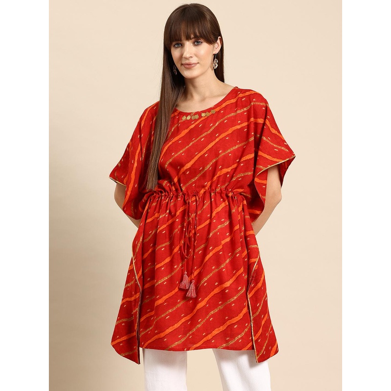 A&K Women Leheriya Printed Flared Sleeves Gotta Patti Kaftan Kurta