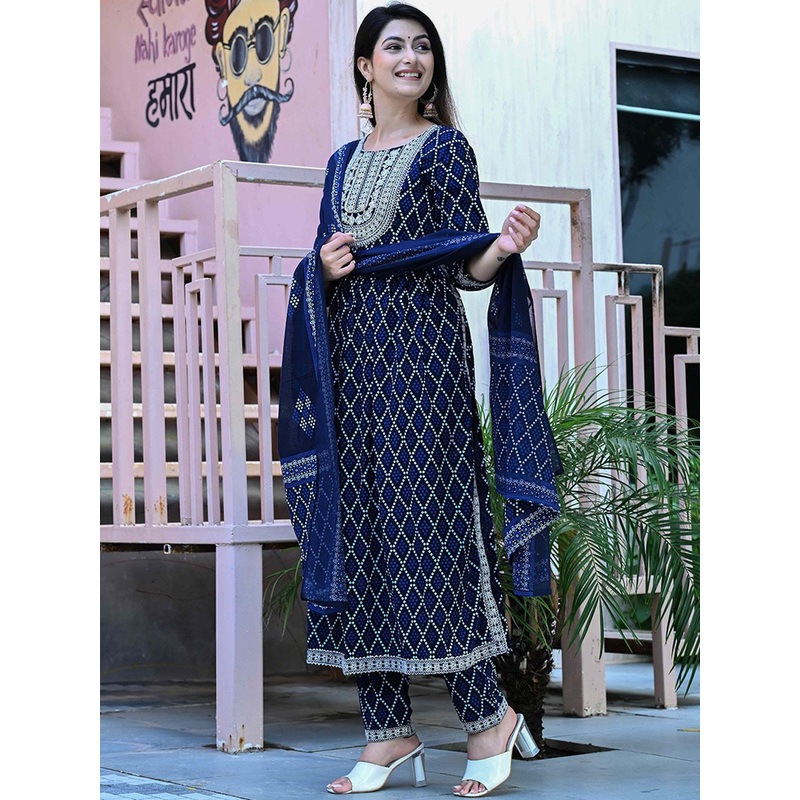 AAYUFAB Women Bandhani Embroidered A-Line Kurta with Trousers & Dupatta