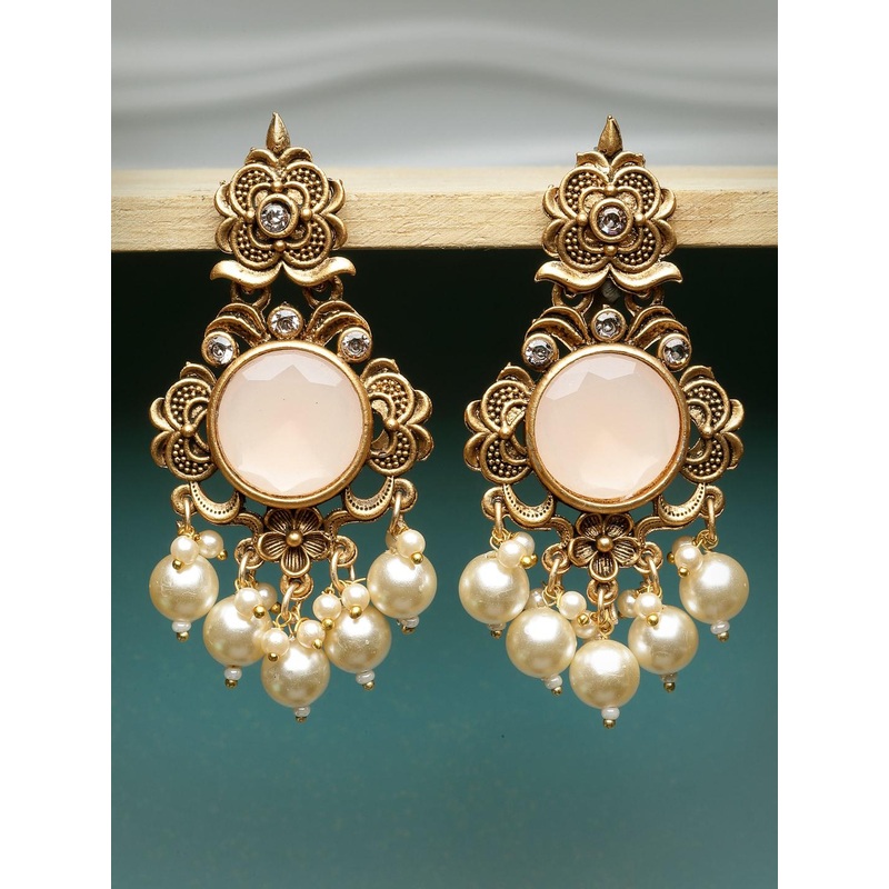 ADIVA Gold-Plated Stone Studded & Beaded Drop Earrings