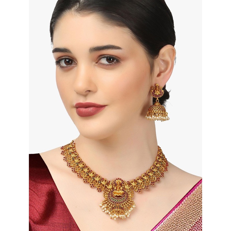 Adwitiya Collection Gold-Plated Stone Studded & Beaded Necklace and Earrings