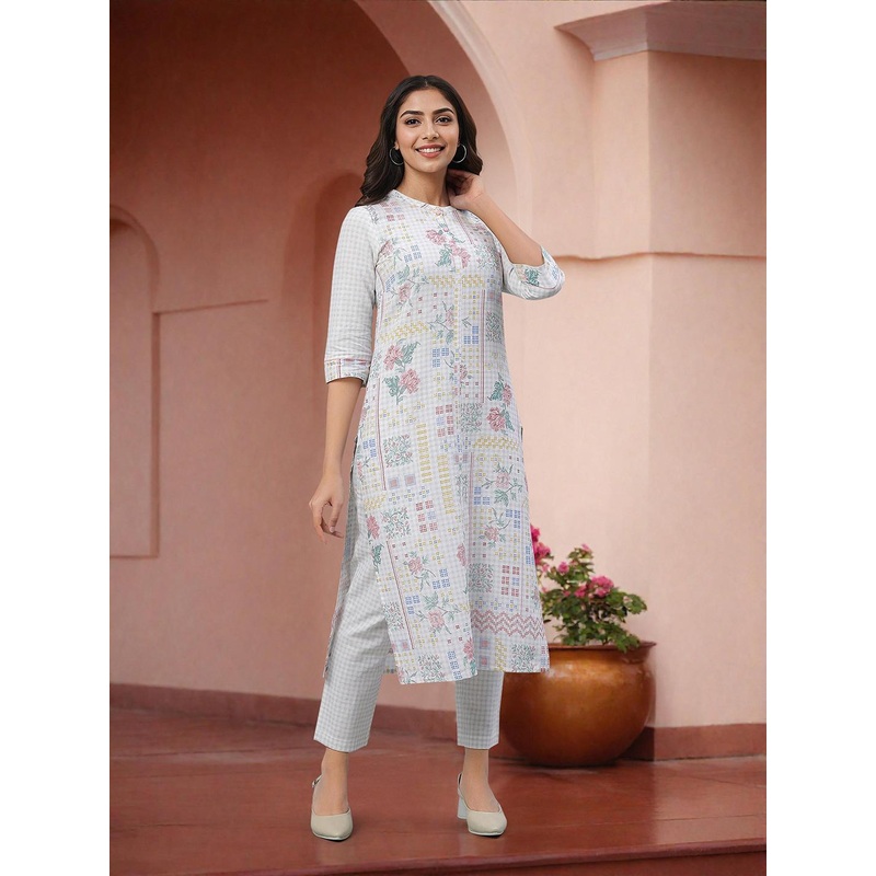 AURELIA Floral Printed Band Collar Straight Kurta with Trousers
