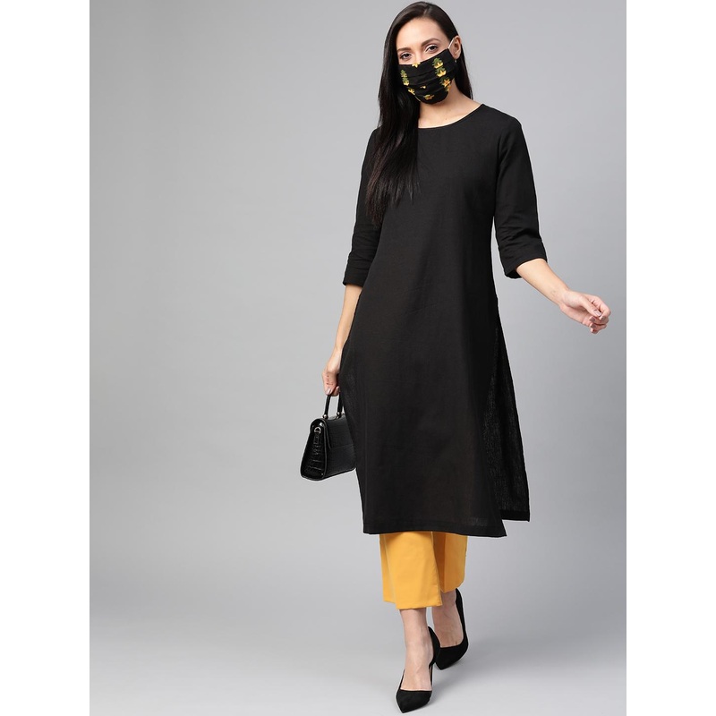 HERE&NOW Women Black Solid Straight Kurta