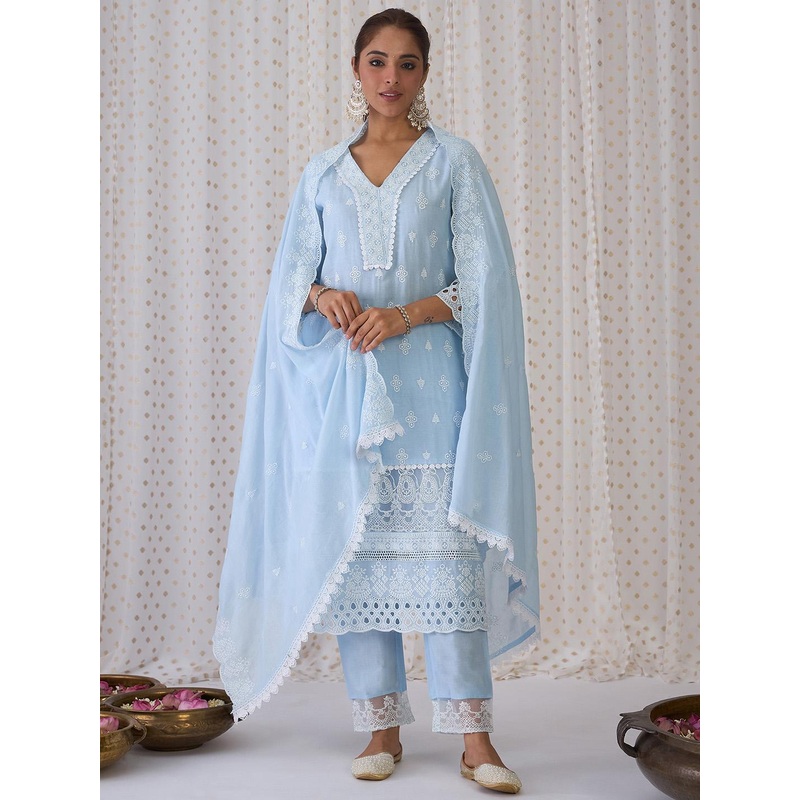 Indo Era Blue Floral Embroidered Thread Work Pure Cotton Kurta With Trousers & Dupatta