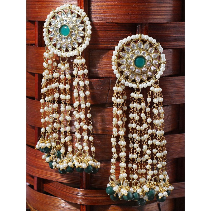 KARATCART Gold Plated Green Beads Kundan Tassel Drop Earrings