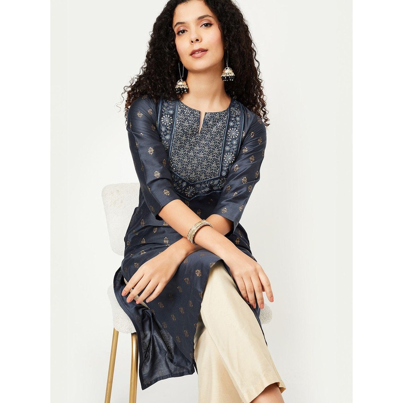 max Floral Printed Notch Neck Sequinned Straight Kurta