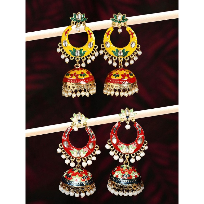 OOMPH Set of 2 Gold-Plated Meenakari Jhumkas Earrings