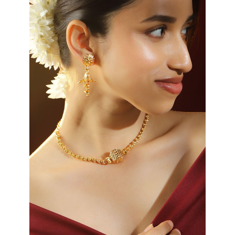 Rubans 18K Gold-Plated Floral Motif & Filigree Beaded Brass Necklace Set