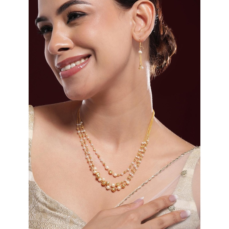 Rubans 18K Gold-Plated Multilayer Pearl Beaded Necklace Set with Matching Earrings